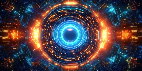 Fototapeta premium Abstract futuristic digital background with glowing circular elements and circuit board patterns. 