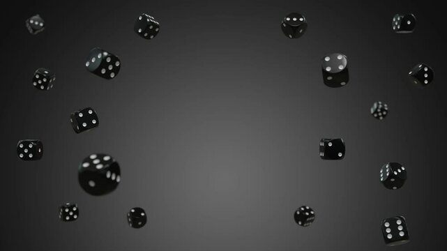 dice floating in the air while spinning with empty space in the center - gray background