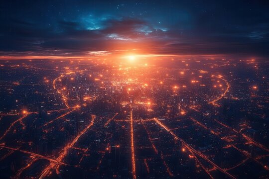 aerial view of earths globe illuminated by city lights surrounded by multiple highways and glowing traffic signals at night depicting a vibrant urban landscape