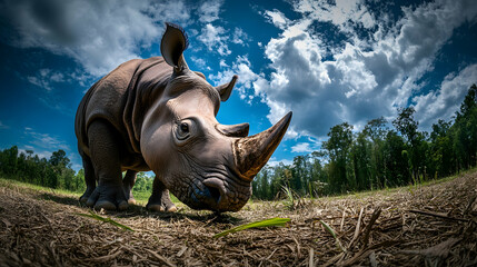 Fototapeta premium Rhino grazing in savannah, dramatic sky, conservation, wildlife photography