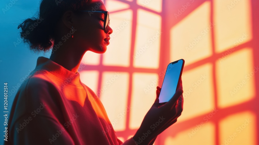Poster woman holding smartphone while admiring colorful light patterns in modern urban setting during eveni