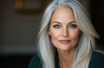 Fototapeta premium A beautiful mature woman with gray hair looking at the camera