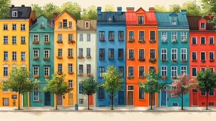 Obraz premium Colorful row of charming houses with flower boxes, set in a vibrant urban landscape