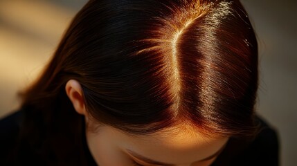 Obraz premium Close up of Woman s Shiny Straight Brown Hair Healthy Hair Texture Haircare
