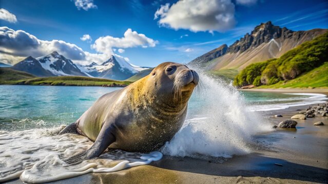 South Georgia Island Elephant Seal Cooling Off in St. Andrews Bay