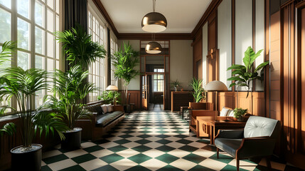 Sunlit hotel lobby with checkered floor, lush plants, and mid-century modern furniture; ideal for hospitality marketing