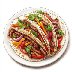 Delicious fajitas with beef, peppers, and onions on plate