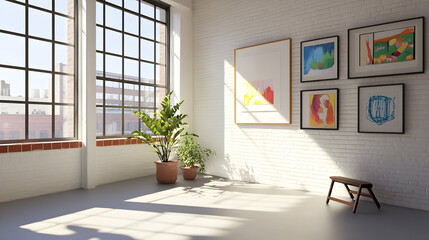 Sunlit loft apartment interior with artwork, plants, and city view; ideal for home decor, real estate, or lifestyle websites