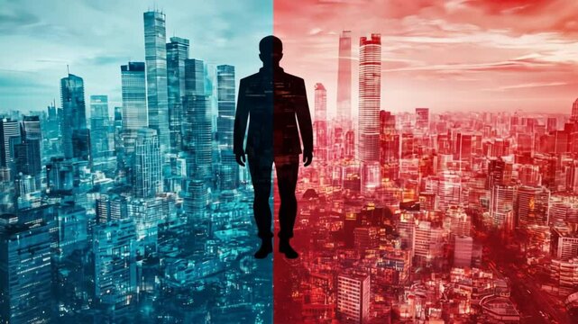 The Man in the Middle: A solitary silhouette of a businessman stands boldly against a backdrop of two towering cities, split into opposing red and blue tones.