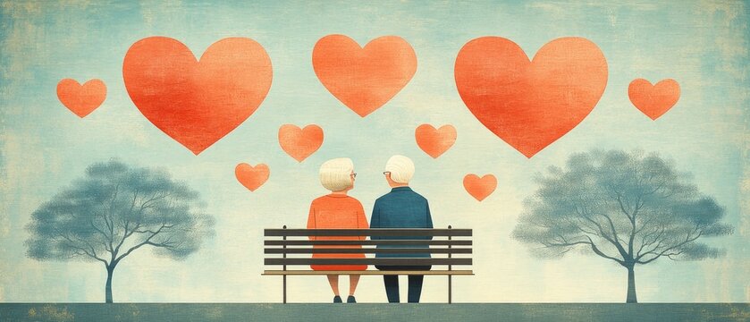 Elderly Couple Sitting on Bench Surrounded by Hearts