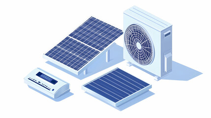 Sustainable home energy solar panels, air conditioner, and meter; clean energy background;  eco-friendly technology