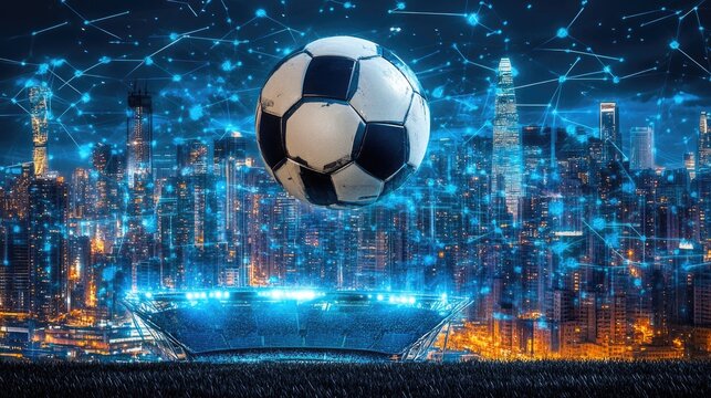 Soccer Ball Over Illuminated City Stadium Night Scene