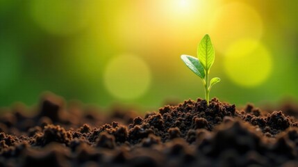 A single seedling emerges from rich soil, bathed in the warm glow of sunrise