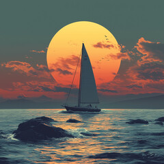 Naklejka premium Sailboat Journey Across the Sunset Sea with Rocks and Golden Sky