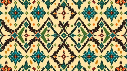 diamond seamless pattern. The ikat geometric folklore ornament, a tribal ethnic vector texture, is rendered in Aztec style, suggesting folk embroidery