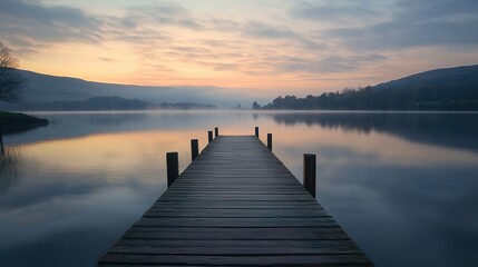 Fototapeta premium A wooden pier stretching out over a calm lake with a moody sky at dawn, creating a tranquil and serene landscape with a peaceful atmosphere.