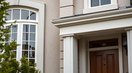 Elegant Home Exterior: Classic Architecture and Modern Design. Discover the beauty of this residential property with its charming facade, grand entrance, and exquisite details.