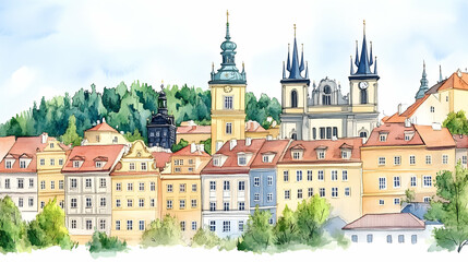 Fototapeta premium Watercolor cityscape Old Town Prague skyline, churches, and buildings, scenic view, ideal for travel brochures