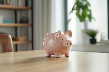 Cute pink piggy bank sitting on a wooden table in a bright living room with plants in the background