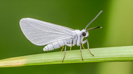 Obraz premium White moth resting on green blade of grass, close-up view, blurred green background, suitable for nature or insect-themed projects