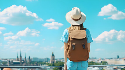 Woman backpacker admires cityscape, sunny day, travel adventure, vacation