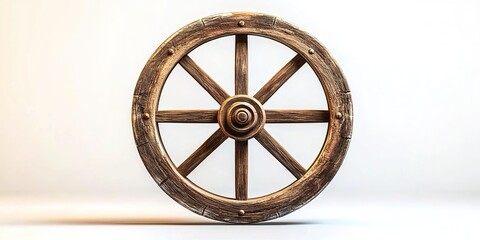 A rustic wooden wagon wheel on a white background, symbolizing the journey of life and exploration in your video animation project