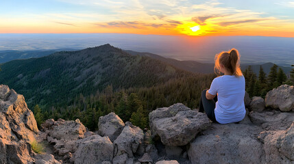 Woman enjoying sunset view from mountain peak, vast valley landscape background. Perfect for travel, adventure, relaxation