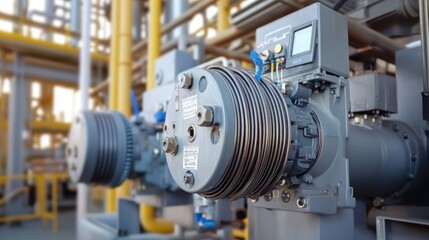 Industrial electric motor detail, highlighting connections and robust design within petrochemical plant.