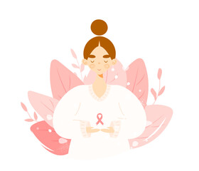 Young woman holding pink ribbon. Breast cancer awareness month concept. Vector character isolated on white background. Hand drawn flat cartoon style