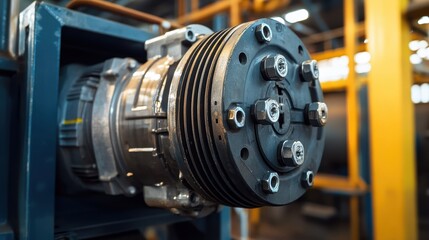 Fototapeta premium Close-up of electric motor, showcasing metal casing and secure connections in petrochemical environment.