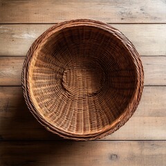 Empty woven wicker basket on wooden surface, overhead view.