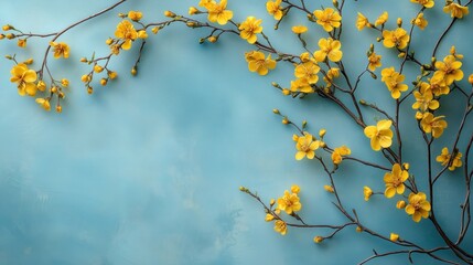 Bright yellow blossoms and graceful branches form an elegant arrangement, standing out beautifully on a calming blue background.