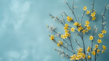 Bright yellow blossoms and graceful branches form an elegant arrangement, standing out beautifully on a calming blue background.