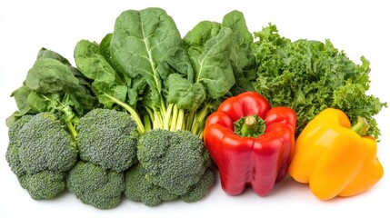Fresh broccoli, spinach, kale, peppers on white background, healthy food concept