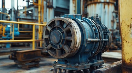 Fototapeta premium Close-up of electric motor in a petrochemical setting, showcasing rugged housing and intricate wiring.