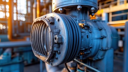Fototapeta premium Close-up of an electric motor in operation, highlighting secure electrical connections and metal design in petrochemical setting.