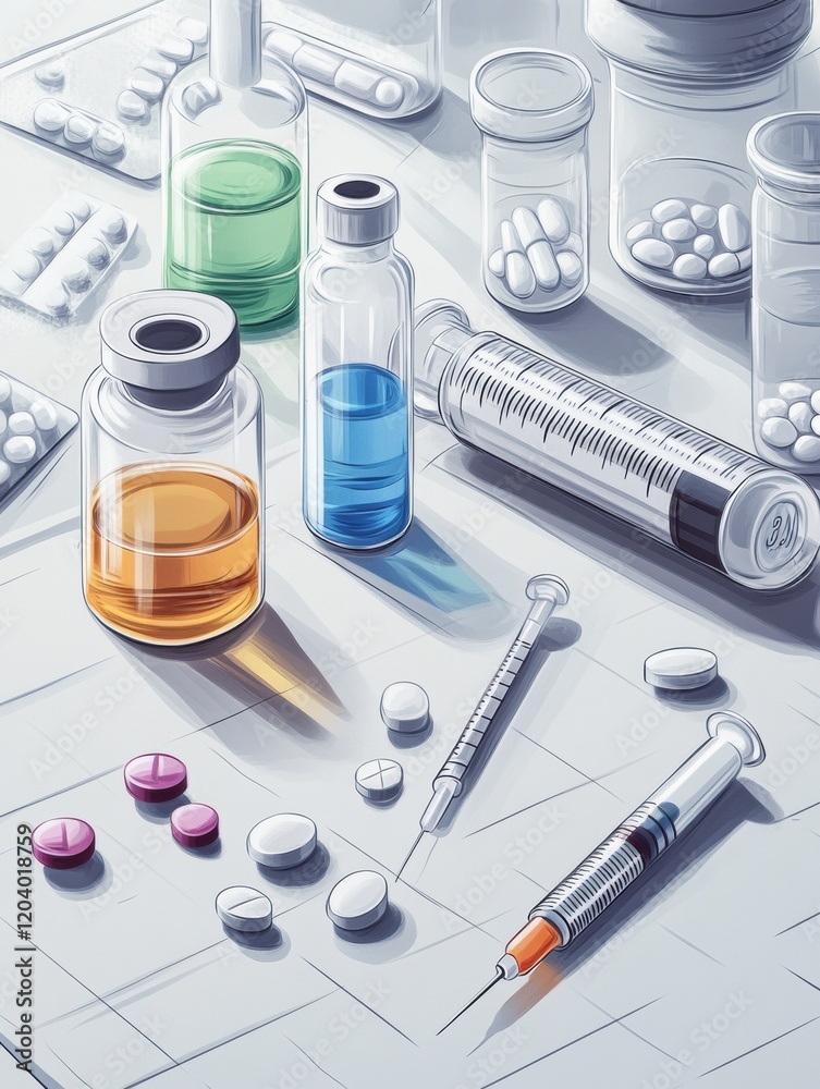 Aufkleber exploring pharmaceutical preparations on a sterile work surface with various liquids and tablets. ge