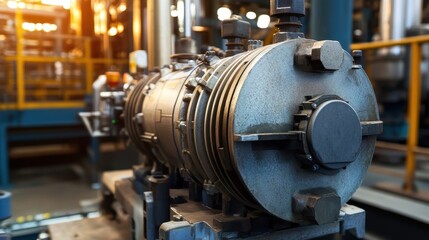 Fototapeta premium Detailed shot of an industrial electric motor, focusing on connections and durable design in petrochemical setting.