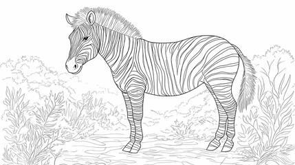 Zebra standing in African savanna, coloring page, wildlife illustration