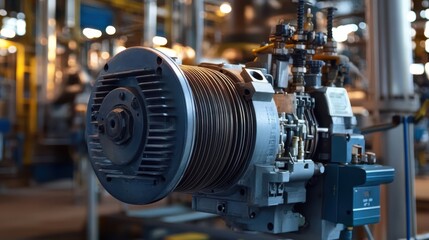 Fototapeta premium Close-up of an electric motor in operation, featuring robust design and electrical components in petrochemical plant.