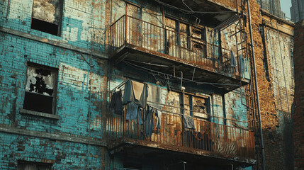 Fototapeta premium Abandoned Apartment Complex with Shattered Windows and Rusted Balconies Under Bright Light