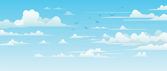 Vector drawing of sky with white clouds, bird flock, cartoon illustration, natural background