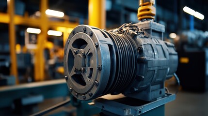 Close-up of electric motor in a petrochemical setting, showcasing rugged housing and intricate wiring.