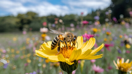 bee on flower with yellow flowers background 