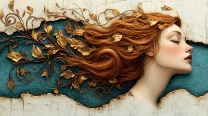 Woman with Red Hair Adorned with Gold Leaves
