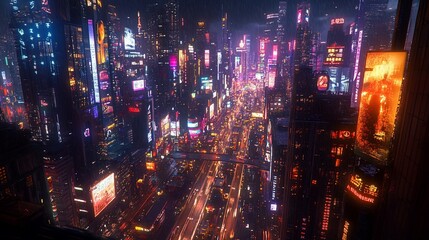 Futuristic city night aerial, neon lights, traffic, skyscrapers