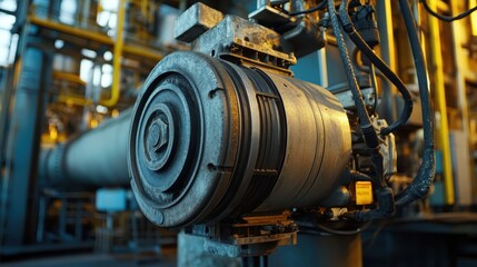 Fototapeta premium Close-up of electric motor in a petrochemical environment, showcasing rugged metal housing and wiring details.