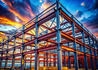 Obraz premium Steel Frame Construction: Modern Building Under Construction, Industrial Architecture, Metal Structure, Skyscraper Development