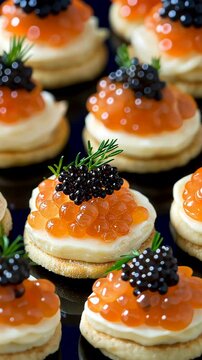 Delicious canapes topped with assorted caviar and garnished with dill arranged beautifully for an elegant event