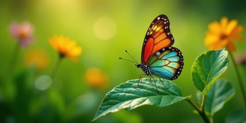 Fototapeta premium Vibrant butterfly perched on a lush green leaf in a sunlit garden